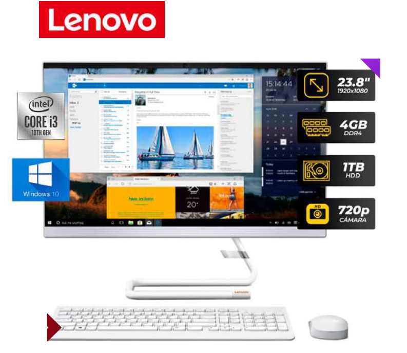 PC Tout-en-un Lenovo Blanc – Quad-Core, SSD, 8 Go RAM, Webcam, WiFi – Reconditionné