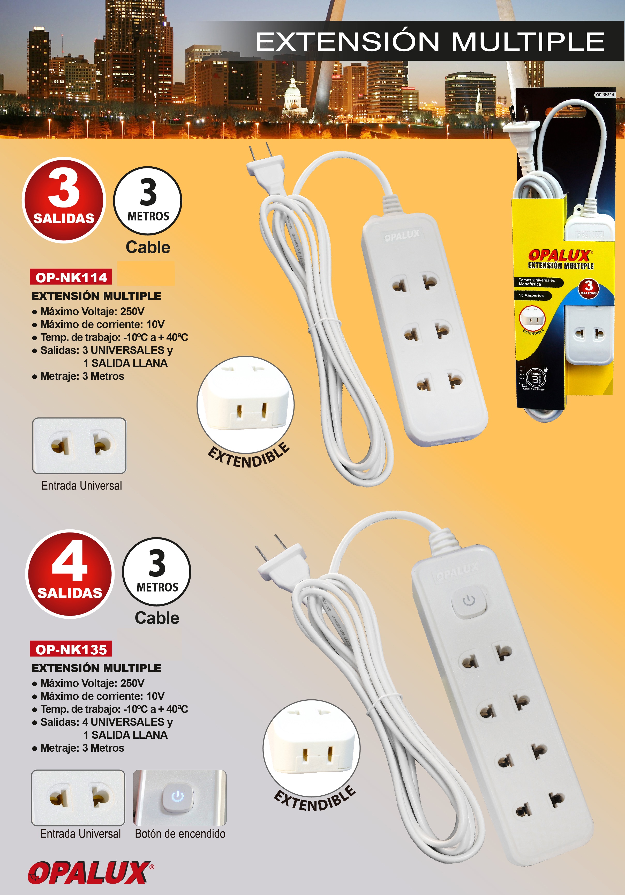 EXTENSION DE CORRIENTE 3METROS 3 SALIDAS OP-NK114 OPALUX