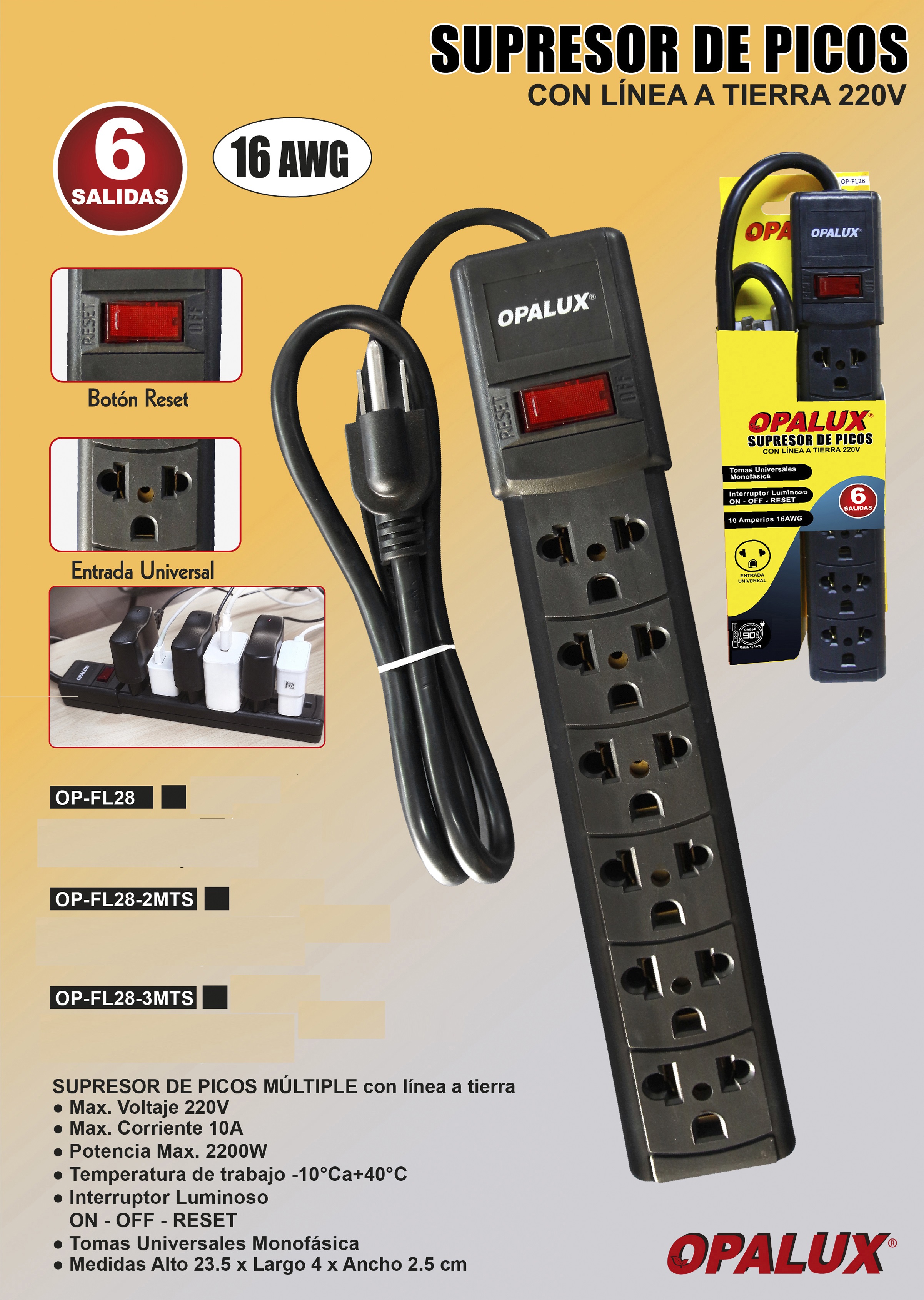 SUPRESOR DE PICOS CON LINEA A TIERRA 220V 6 TOMAS OPALUX OP-FL28-2MTRS