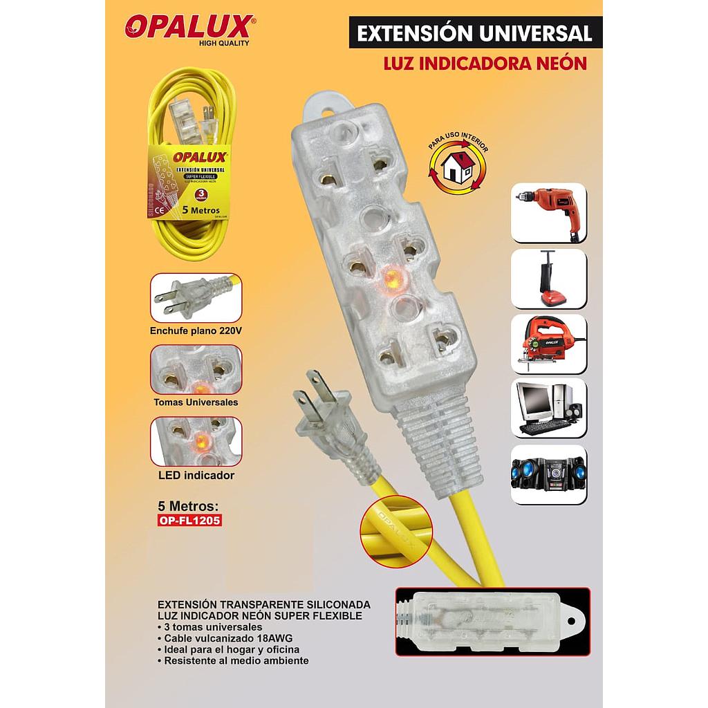 EXTENSION CORRIENTE AMARILLO OP-FL1215 CON 3 TOMAS TRANSPARENTE 15 MTRS SILICONA OPALUX GAR: 2 MESES LOCAL 5