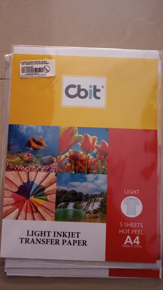 PAPEL FOTOGRAFICO TRANSFER A4 LIGTH COTTON (POR UNIDAD) P/POLOS BLANCOS CBIT AREA 6