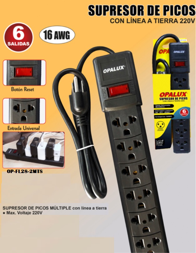 SUPRESOR DE PICOS CON LINEA A TIERRA 220V 6 TOMAS OPALUX OP-FL28-2MTRS
