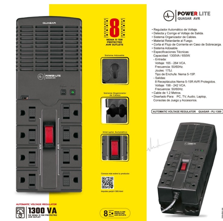 ESTABILIZADOR QUASAR AVR PLI1300 1300VA/650W 8SALIDAS POWER LITE GAR: 4 MESES