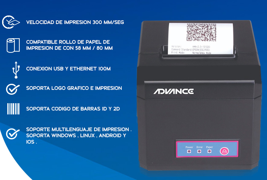 IMPRESORA TERMICA ADVANCE ADV-8010N USN/LAN 300MMS GAR: 12M-ADVANCE