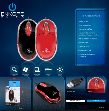 MOUSE CON CABLE USB ULTRA COLORES EKM100 ENKORE